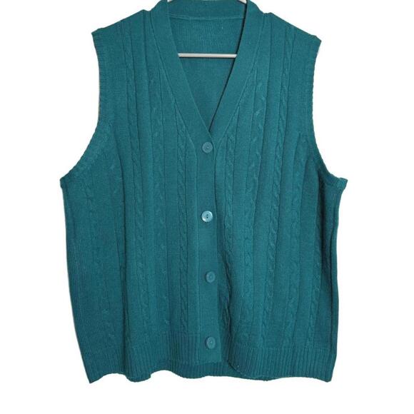 Sweaters - Vintage 90s Teal Cable Knit Sweater Vest with Buttons